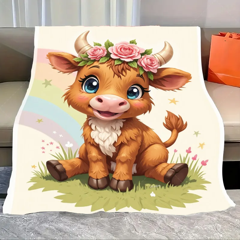 

1pc Flannel Blanket Cute Cow with Rose Crown Soft Blanket for Kids Room Decor
