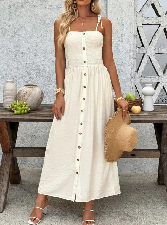 Summer New Solid Color Square Collar Button Front Sleeveless Strap Dress for Women's Casual Vacation Style High Waist Dress