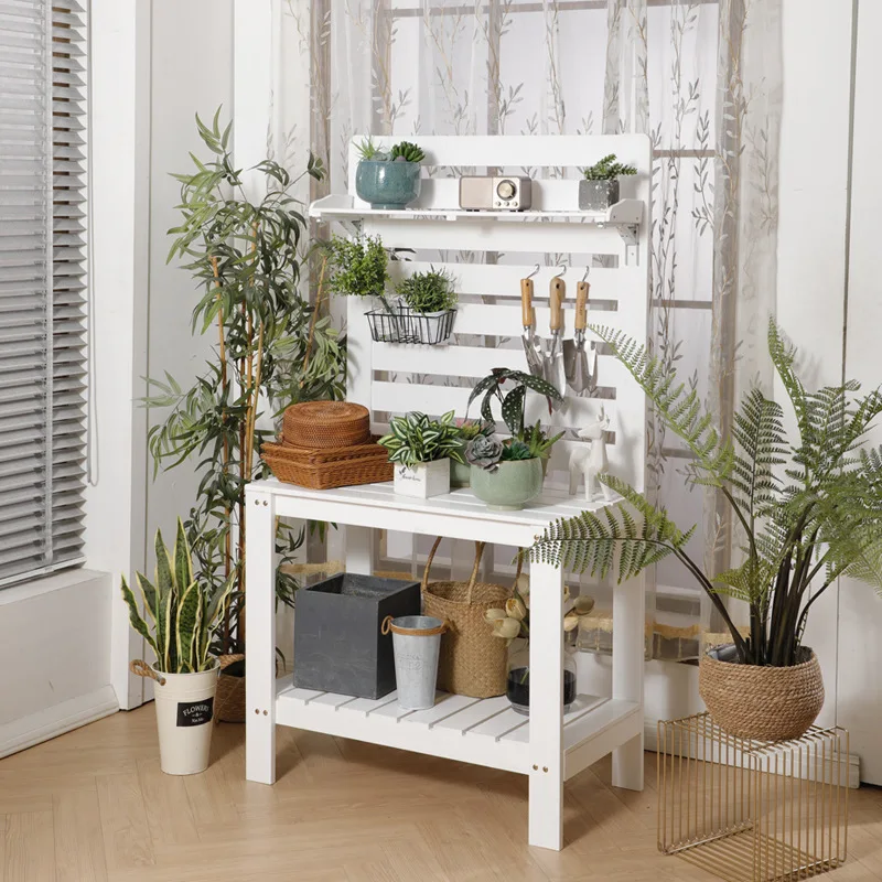 

Multi-layer solid wood flower stand flower shop floral retro workbench workbench operation gardening gardening outdoor storage