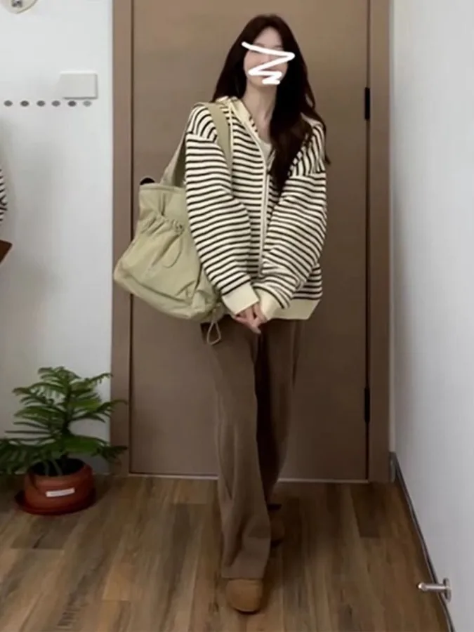 เสื้อคลุมไหมพรมถักแบบหลวมสำหรับผู้หญิง สไตล์ลำลอง เหมาะสำหรับฤดูใบไม้ผลิและฤดูใบไม้ร่วง พร้อมเชือกผูกเอว ลายทาง สำหรับสาวๆ