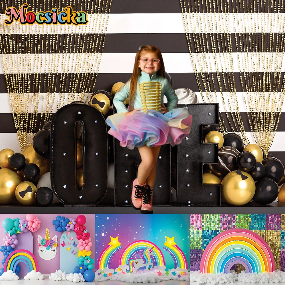 

Mocsicka Photography Backdrop Rainbow Unicorn Shining Star Decoration Newborn Baby 1st Birthday Party Background For Photograph