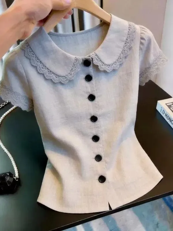 

Fashionable Lace Patchwork Women's Shirt Single Button Doll Collar Slimming Straight Cut Short Sleeve French Style Top