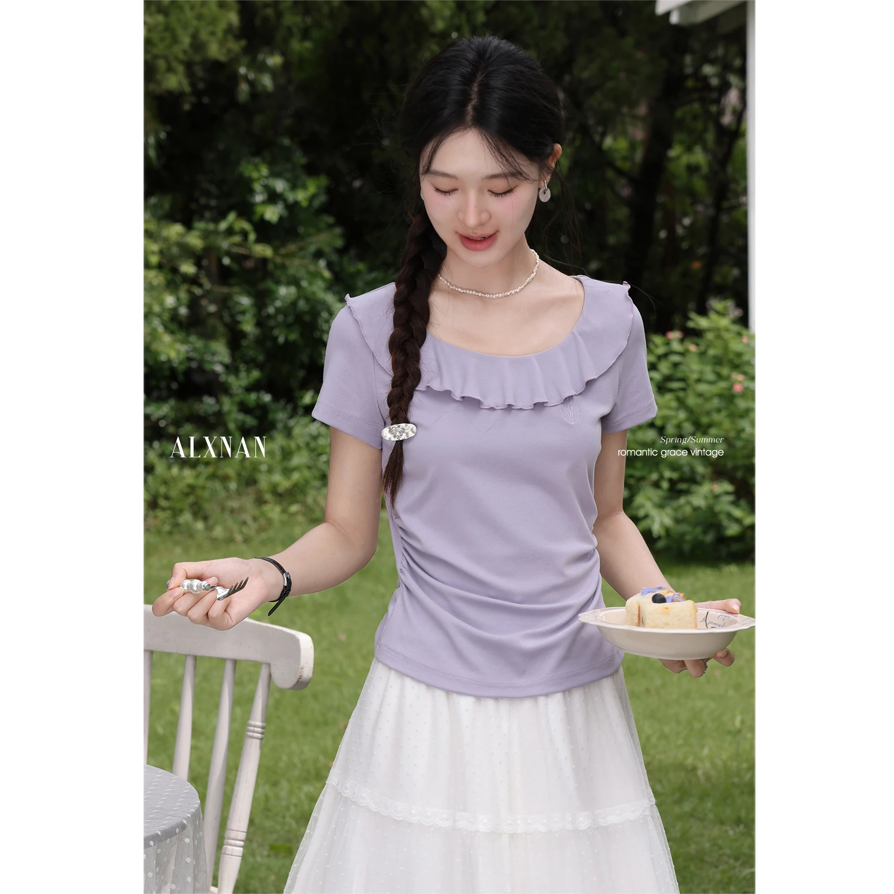 

ALXNAN Purple Ruffled T-shirt Women Casual Elegant Short Sleeve Cotton T-shirt 2025 Summer Pleated Waist Female Tops L551108-2