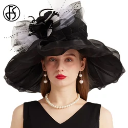 FS Black White Organza Summer Sun Hats Wide Brim Kentucky Derby Hat For Women Elegant Tea Party Fascinator Cap Chapeau Femme