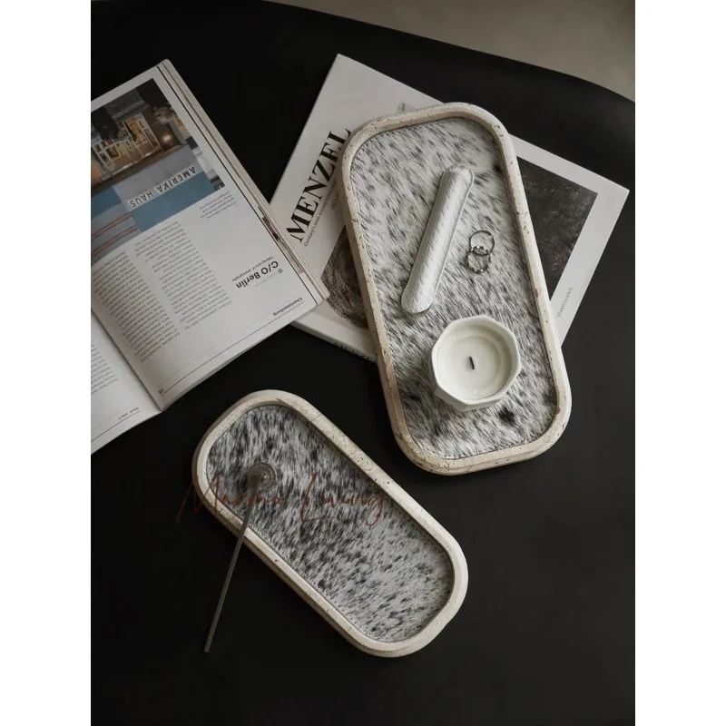 

Decorative Travertine Tray for Coffee Table Vintage Horsehair Versatile Tray for Serving Displaying Organizing