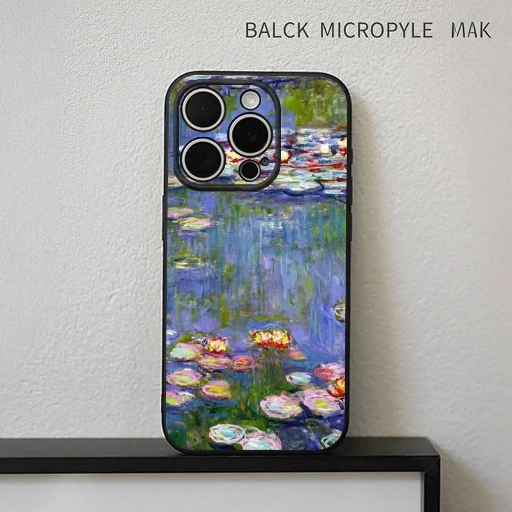 C-Claude Monet Garden Paint Phone Case para iPhone17,16,15,14,13,12,11 Plus,Pro Max Soft Black Cover