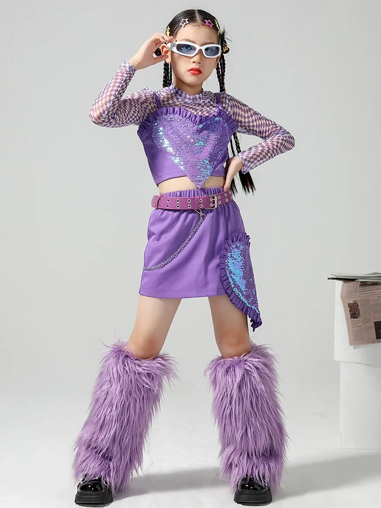 Cheerleading Uniform Hip Hop Performance Costume Girls Kpoo Jazz Dance Clothing Purple Sequins Runway Show Stage Outfit