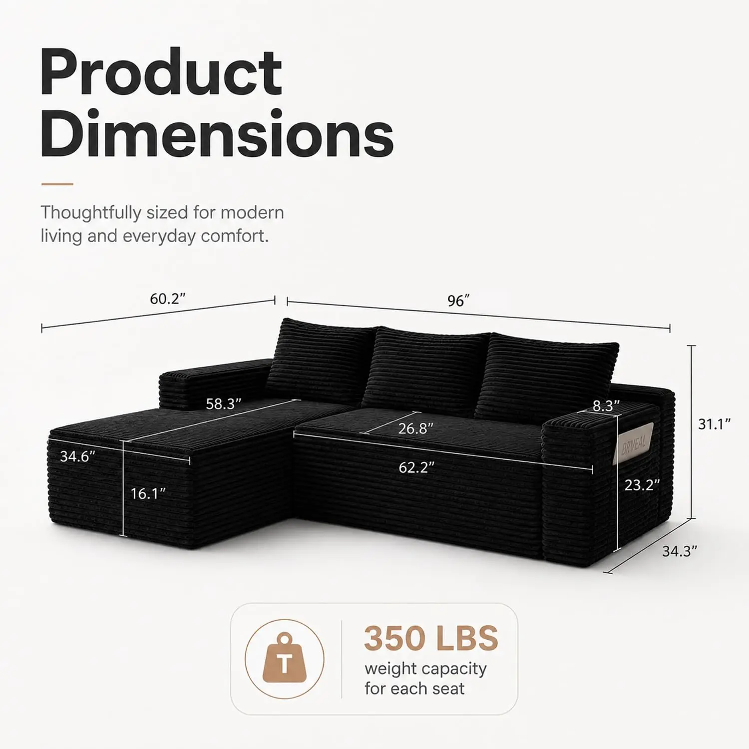 96 inch Boneless Couch, Modular L-Shaped Cloud Sectional Sofa, Black