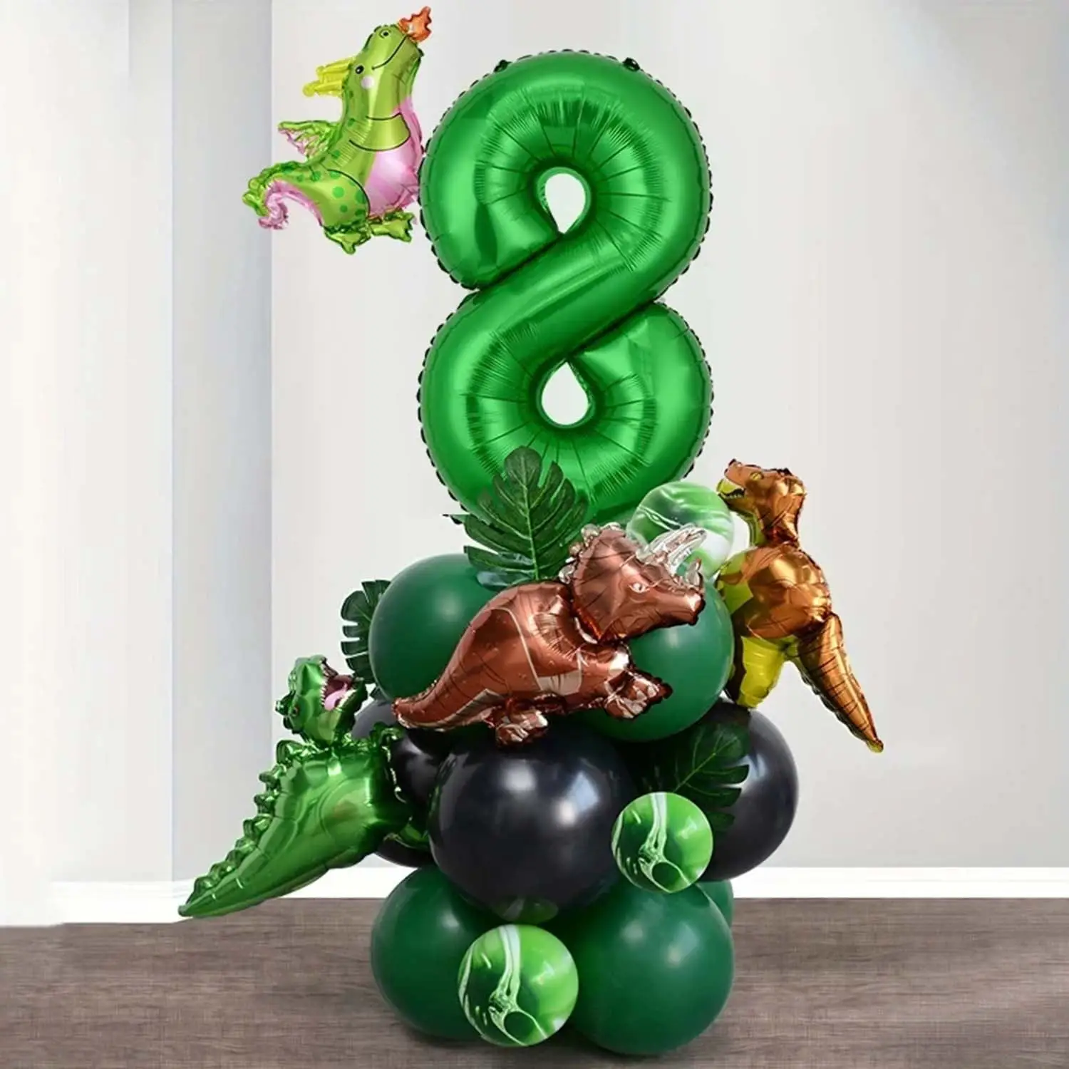 25-teiliges Grünes Dschungel-Dinosaurier-Dekorationsset für Jungen-Geburtstagsfeier, Zahlenballon, Säule, Tyrannosaurus Rex, Feuerdrache – Detail 10