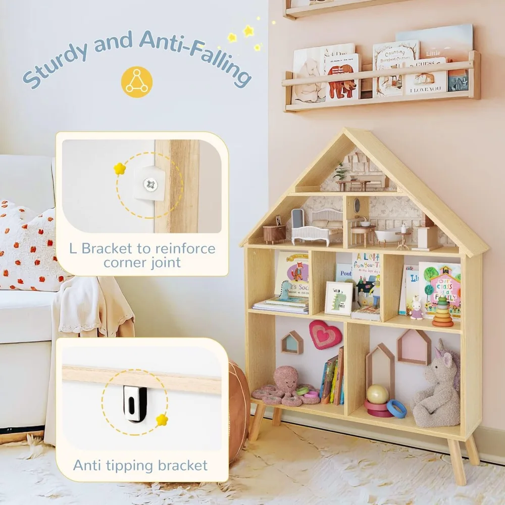 Poppenhuisboekenplank voor kinderen en babyopslag - Houten standaard Poppenhuisboekenkast met 4-laags opbergdisplay-organizer8.8Dx33.4Bx46H