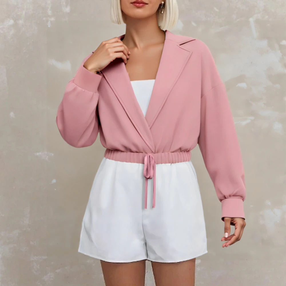 Mia Muse Lichtgewicht damesjassen Herfst Roze Effen Lange mouw Revers Elastische taille Strik Normale werkkleding Lichtgewicht