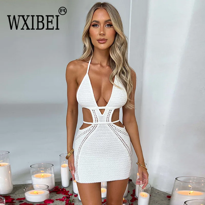 

WXIBEI Solid Halter Hollow Out Lace Up Summer Women Dress Sleeveless Backless Wrapped Hip Sexy Vacation Prom Party Dress 03A020