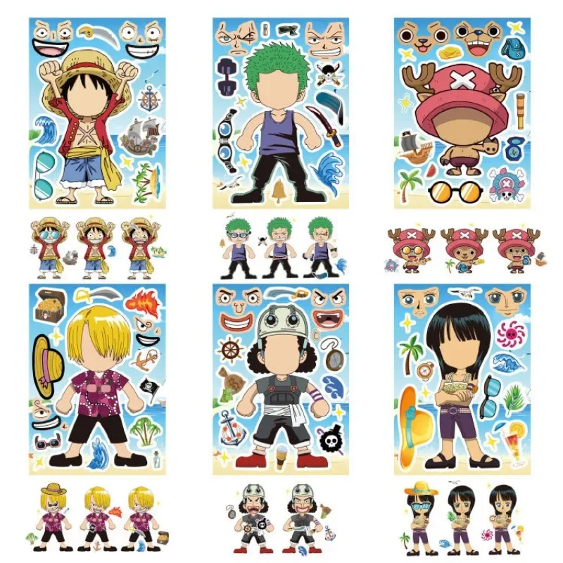 6pcs One Piece Luffy Children DIY Puzzle Sticker Funny Games Make-a-Face Assemble Jigsaw Sticker DIY Book Kids Girls Toys Gift