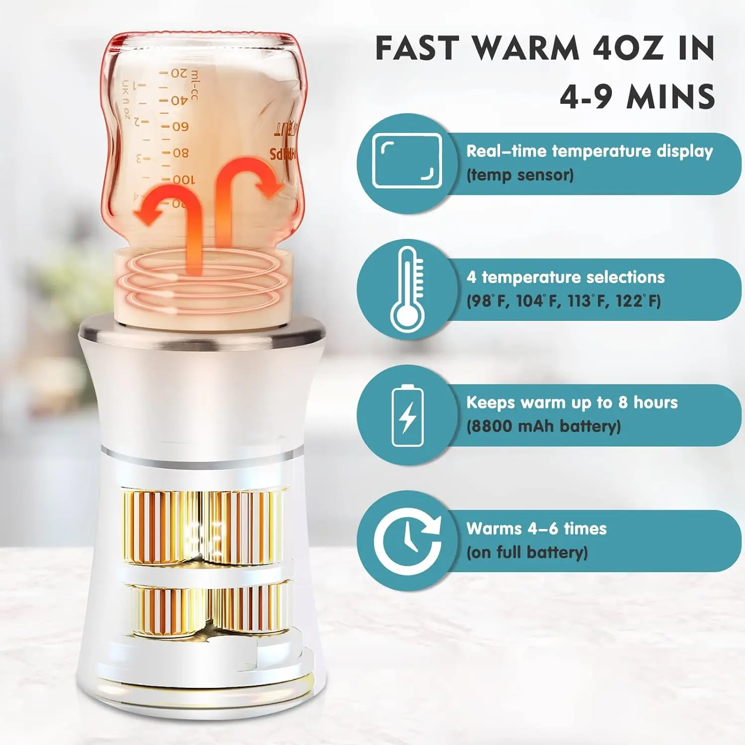 Scaldabiberon portatile USB ricaricabile 4 livelli di temperatura regolabile Riscaldamento rapido del latte dell'acqua Scaldabiberon da viaggio