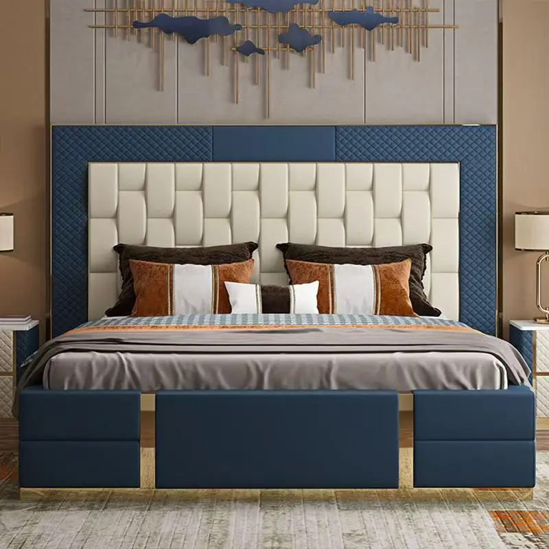 

&*Italian Tufted Headboard King Platform With Storage Bed Frame Bedroom Furniture Cream Style Home Big Headboard Leather Bed