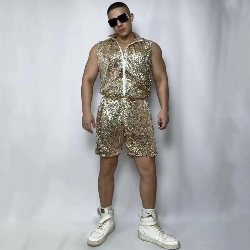 Adult Men's Hip Hop Modern Jazz Dance Costume Glitter Gold Silver Sequins Jumpsuit Overalls Nightclub DJ Gogo Performance Wear