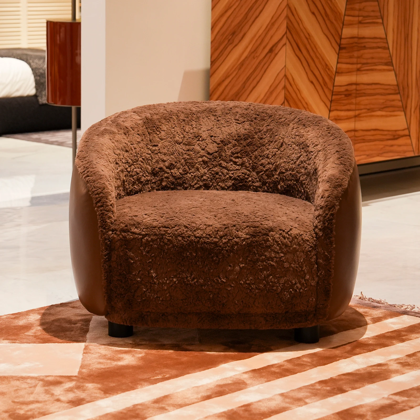 

#Modern Luxury Brown Faux Fur and Leather Accent Armchair for Living Room
