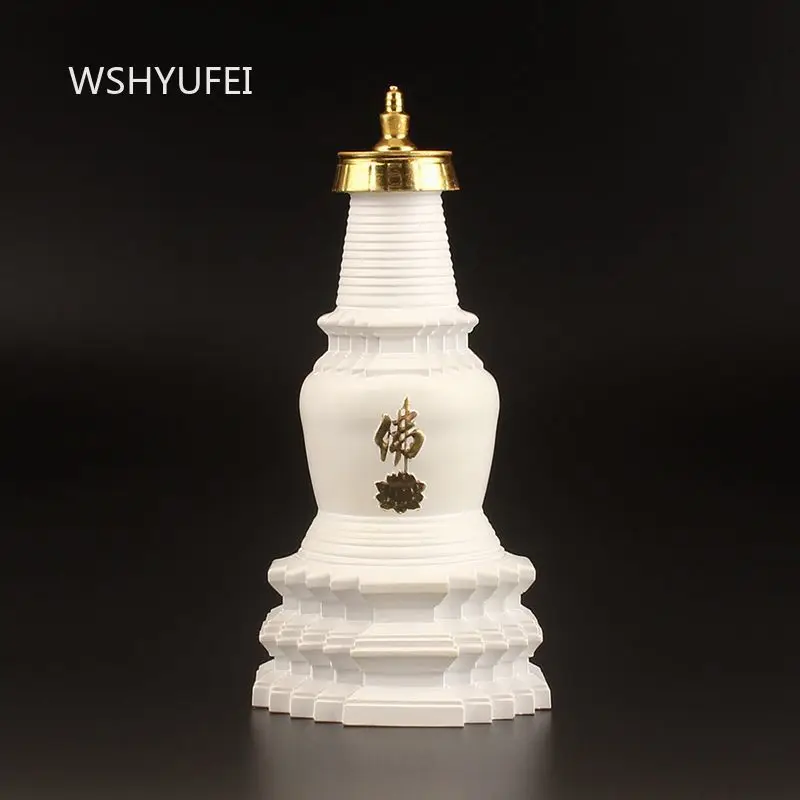 White Resin Pagoda Figurine with Golden Finial Buddhist Tower Ornament for Prayer Room Yoga Studio Desktop Decor Crafts