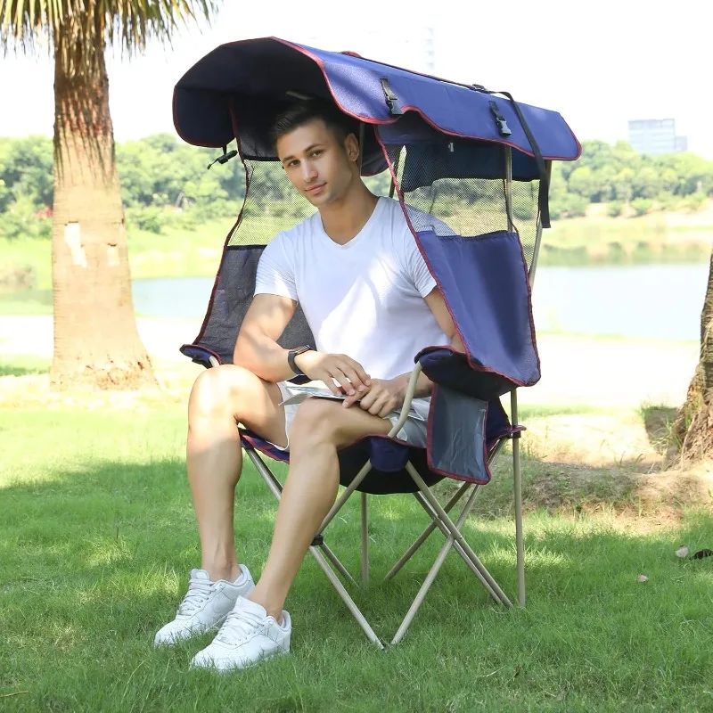 

Camping Chair with Shade Canopy - Outdoor Folding Patio Chair - Includes Retractable Sun Shade, Cup Holder