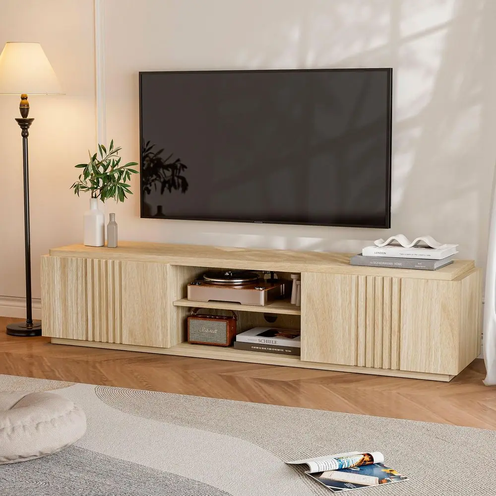 

Тумба-консоль для ТВ 70 Fluted Media Entertainment Center, для телевизоров до 75 дюймов, с большими выдвижными ящиками и 2-уровневыми открытыми полками, из дерева.