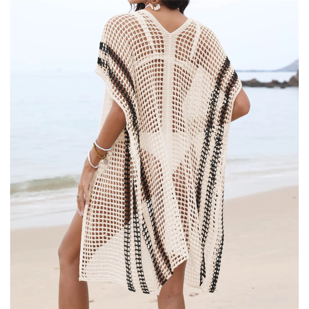 2026 Ausgehöhltes Kurzarm-Häkel-Strick-Tunika Strandkleid Strandkleidung Strandmode Strandüberwurf Damen V6593 – Detail 6