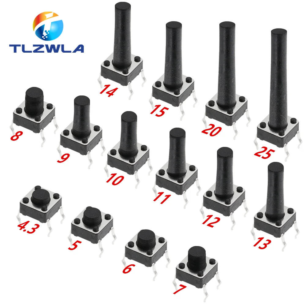 Interruptor de botón pulsador 20 piezas, 6x6x4,3, 6x6x4,3/5/6/7/8/9/10/11/12/13MM, 4 pines
