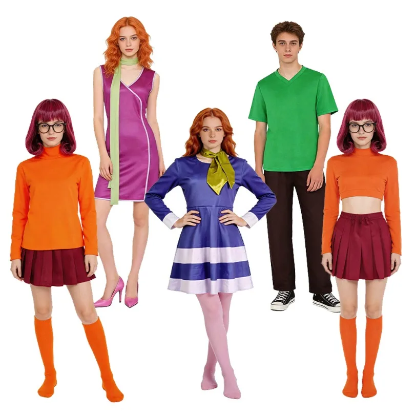 Disfraz de Anime Velma Daphne, Falda Corta Naranja, Uniforme Femenino, Calcetines, Top y Falda, Conjunto para Fiesta de Halloween y Carnaval