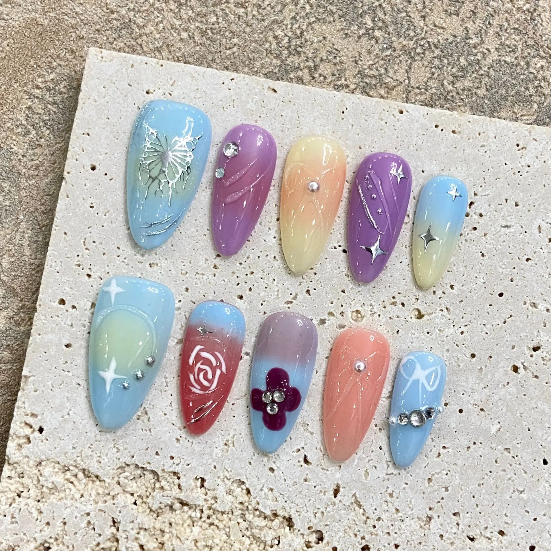 Handmade Almond Press On Nail Reusable French Colorful Gradient Fake Nails Full Cover Artificial Manicuree Wearable Nail