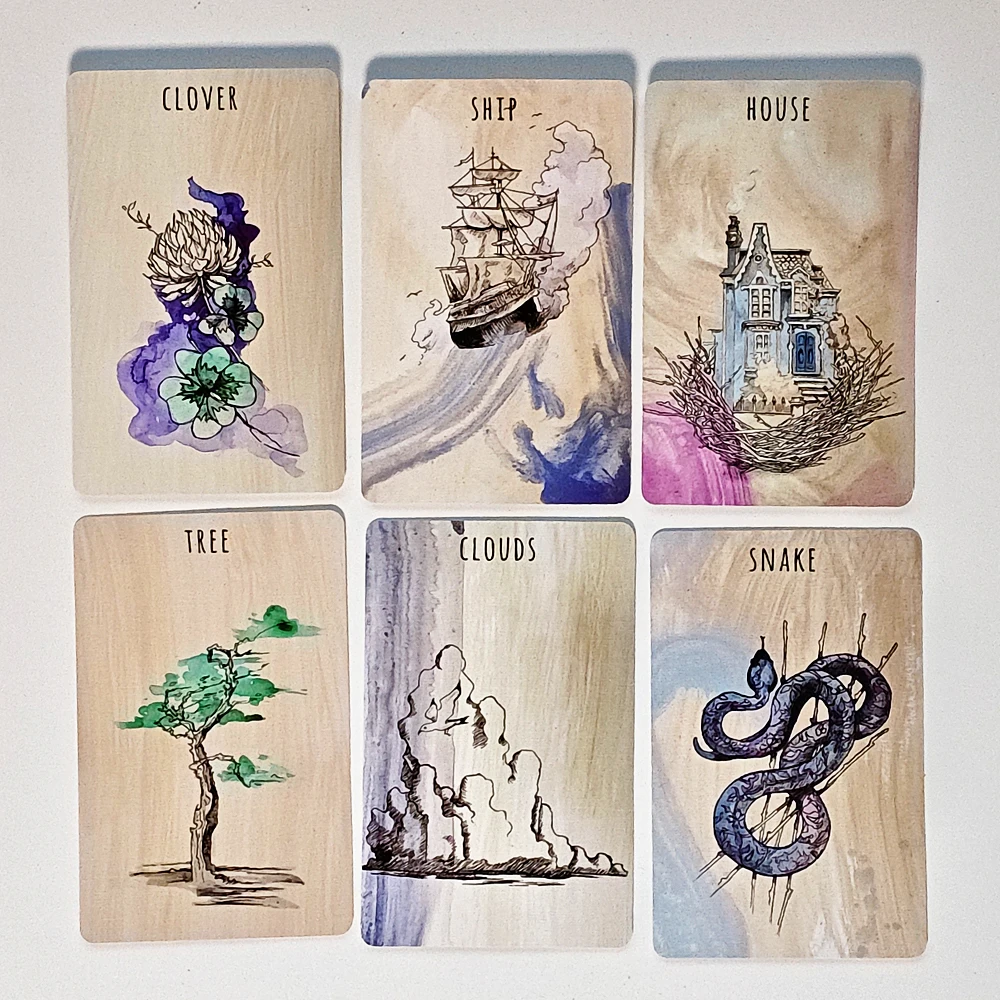 36 Stück Lenormand-Karten mit Aquarellmotiv, 9 x 6 cm, gedruckt auf 350 g/m2, doppelt geprägter Karton, Scrying Ink Lenormand Deck