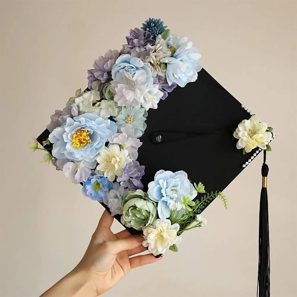 Durable Doctor Flowers Graduation Cap Bachelor Master Trencher Cap Adjustable Fringe Academic Hat with Tassels Graduation Party