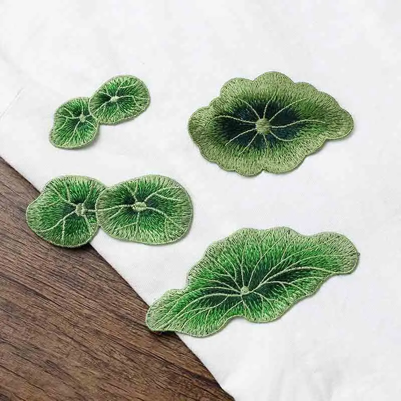 Lotus Leaf Embroidered Patches Green Gradient Leaf 4 Sizes Sew on Appliqué for Hanfu Cheongsam Dress Bag DIY Clothing Decor