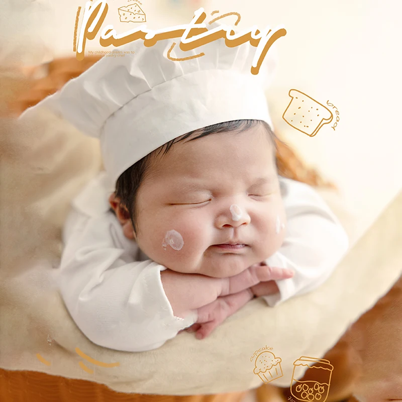 Newborn Photography Little Chef Costume Simulated Bread Whisk Kitchen Creative Props White Chef Hat Jumpsuit Infant Photo Set