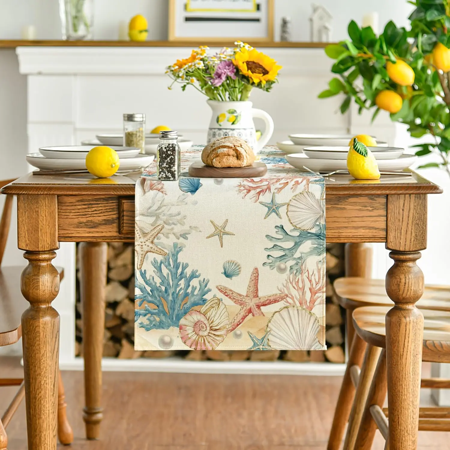 Summer Starfish Coral Shell Linen Table Runner Holiday Party Decor Reusable Kitchen Dining Table Runner Wedding Decorations