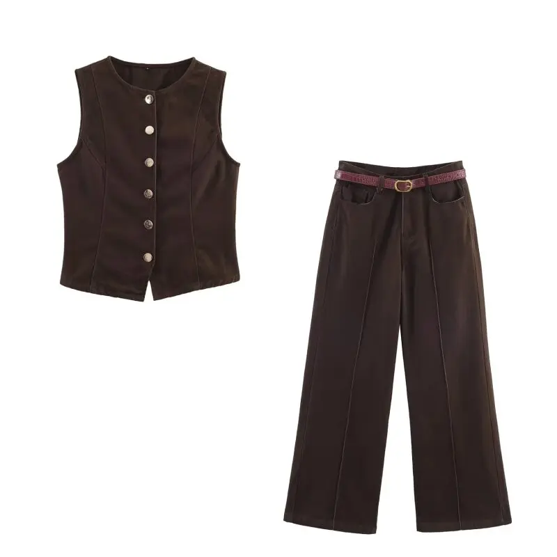 

Женский джинсовый крутой жилет, однотонный комплект, летнее бюстье без рукавов, элегантные однобортные топы, модные длинные брюки, комплект брюк