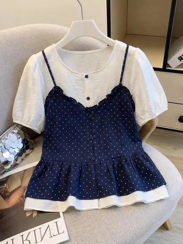 Blue Polka Dot Short Sleeve Shirt Women's Korean Style Commute Fashion plus Size Puffy Top Spring Summer New Arrival