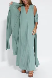 2024 Summer Fashion New Solid Sleeveless Dress For Women Loose Casual Deep V Neck Slit Long Skirt Elegant Lady Tank Top Dress