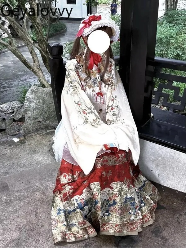 Trajes de estilo chino Otoño Invierno Arco diario Top rojo y falda larga estampada de cintura alta conjunto versátil de Lolita dulce para niñas