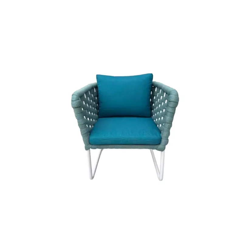 Fresh & Cozy, Teal Woven Rope & White Metal Frame Garden Chair, Patio Single Armchair for Villa/Terrace/B&B Lounge