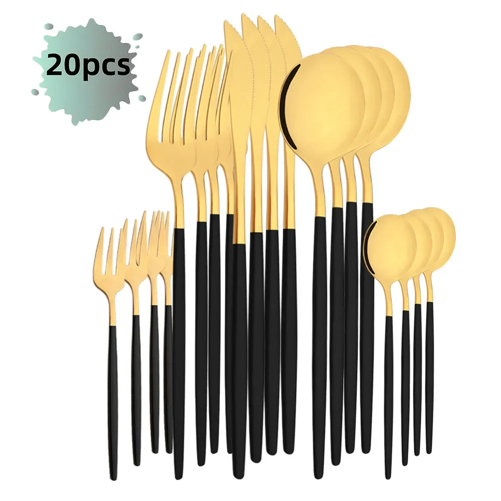 Schwarz Gold 20Pcs Geschirr Set Edelstahl Abendessen Messer Obst Gabel Löffel Besteck Set Küche Geschirr Besteck Set