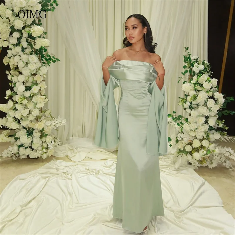 

OIMG Light Green Off The Shoulder Mermaid Prom Gowns Backless Bell Sleeves Party Gown Floor Length Evening Dress Customized