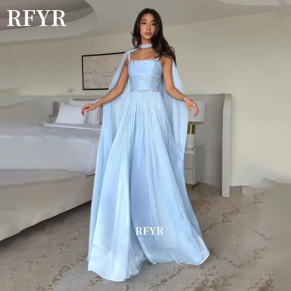 

RFYR Blue Prom Dress with Pleats Beadind Party Dress Cape Sleeve Evening Dress Luxury Gala Dress vestidos de fiesta Customized