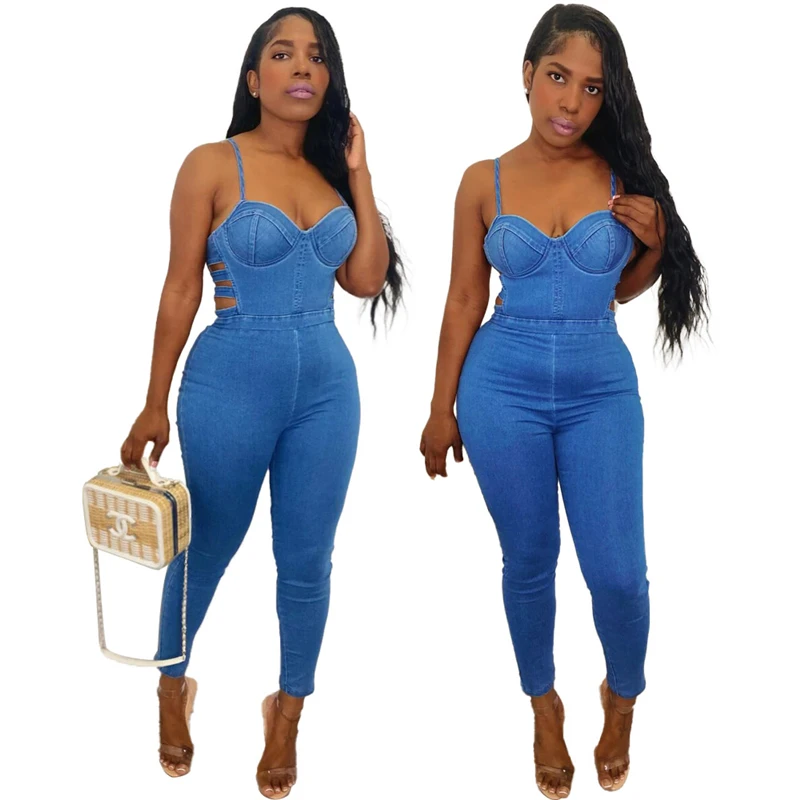 Solid Cut Out Denim Jumpsuit Women Sleeveless Spaghetti Strap Patchwork Rompers Pencil Pants One Piece Club Outfits Catsuit 2022