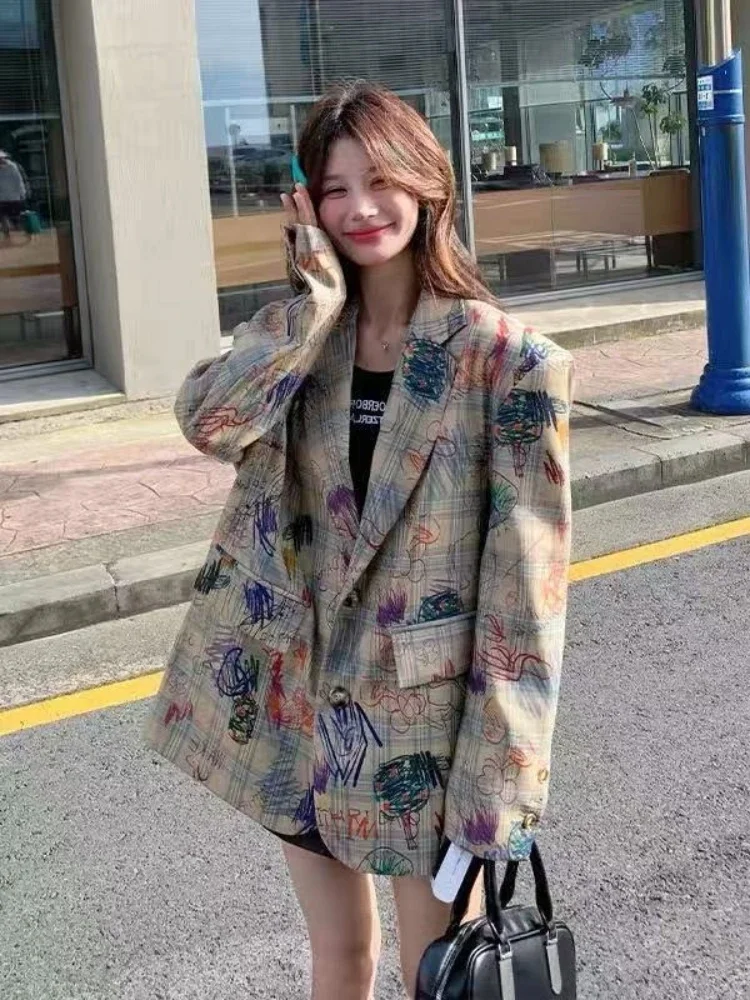 New Spring Autumn Korean Blazer Women Jacket Fashion Graffiti Printed Suit Coat Casual Female Outerwear Elegant Women's Clothing