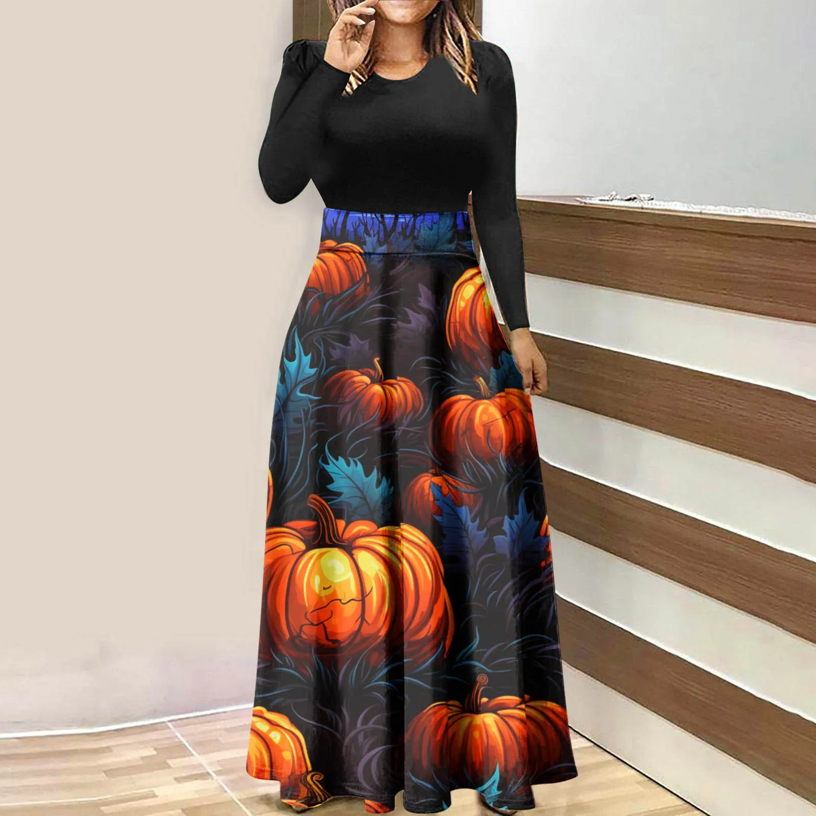 

Womens Halloween Dresses Long Sleeve Crewneck High Waisted Dress Beach Maxi Dresses Summer Dresses for Women Beach with Sleeves