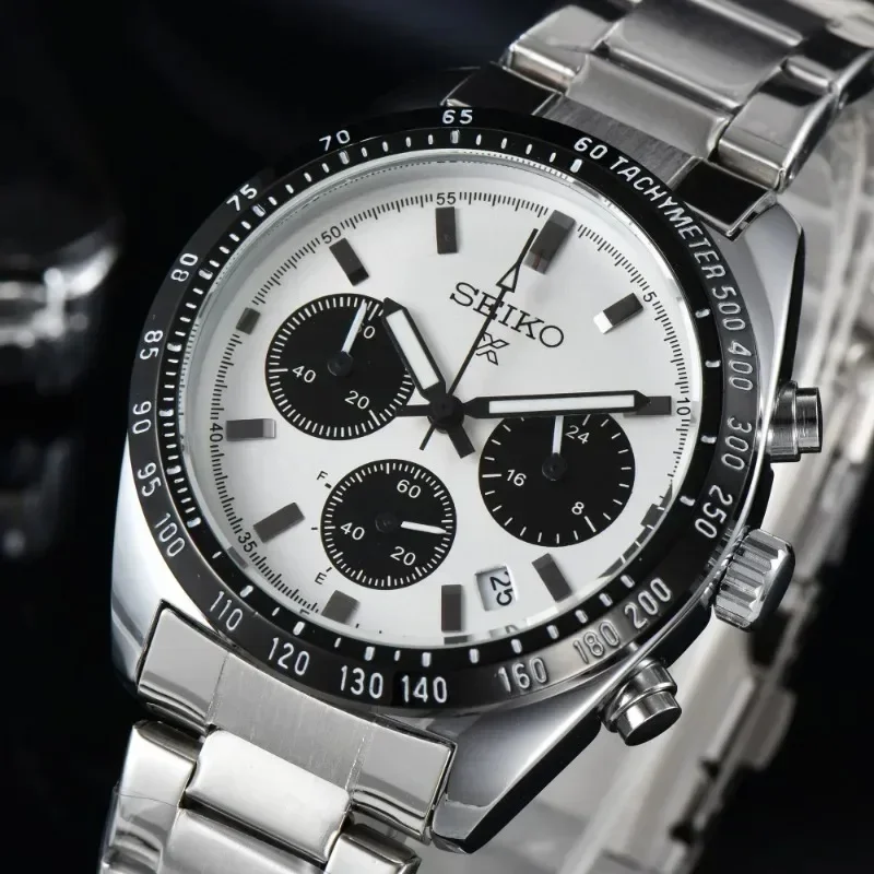 Seiko Three Eye Needle Watch para homens, aço inoxidável, impermeável, luxo, original, série Panda, calendário, quartzo, SSC813P1