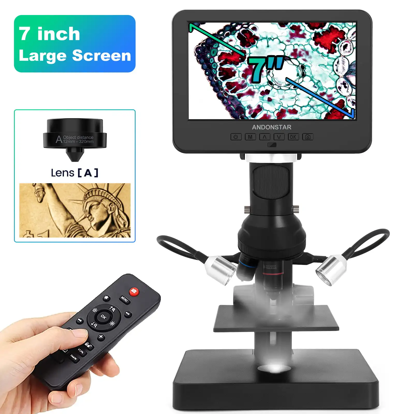 Andonstar AD246SP 2000X UHD 2160P HDMI Digital Microscope with 3 Lens 7 Inch for Biological Microscope Observe PCB Repiaring SMD