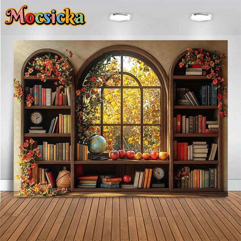 Mocsicka книжная полка фон для фотосъемки осень яблоко детский душ день рождения фон окно цветы листья Декор баннер