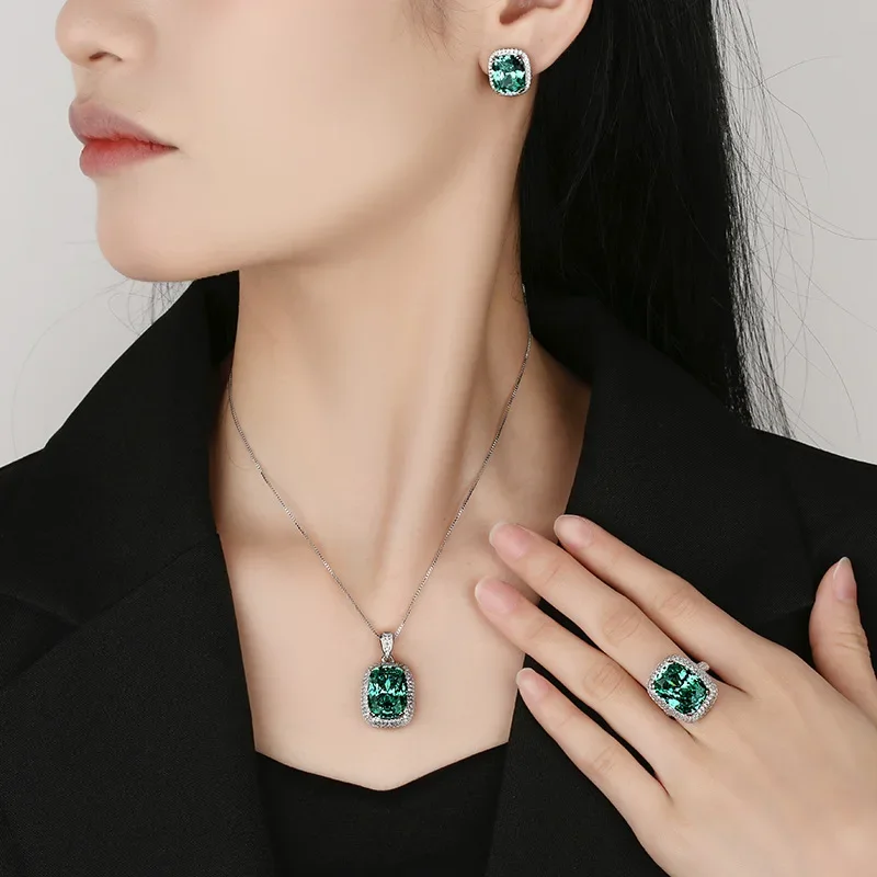 

Statement Emerald Green High Carbon Drill Jewelry Adjustable Ring Pendant Necklace Stud Earrings with Pave CZ Women Accessories