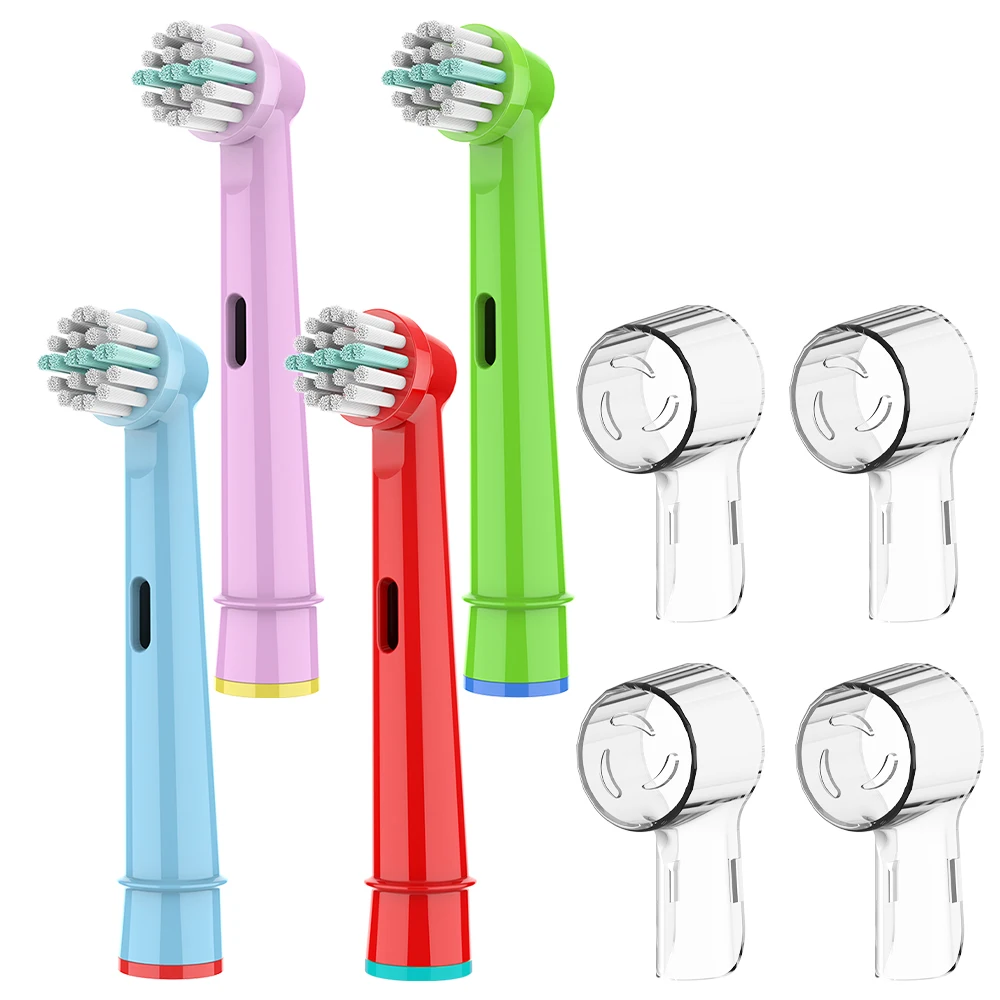 

4 сменные насадки для щеток и 4 пылезащитных колпачка для насадок зубных щеток, совместимые с электрическими зубными щетками Oral B, для моделей 1000, 500, 7000.