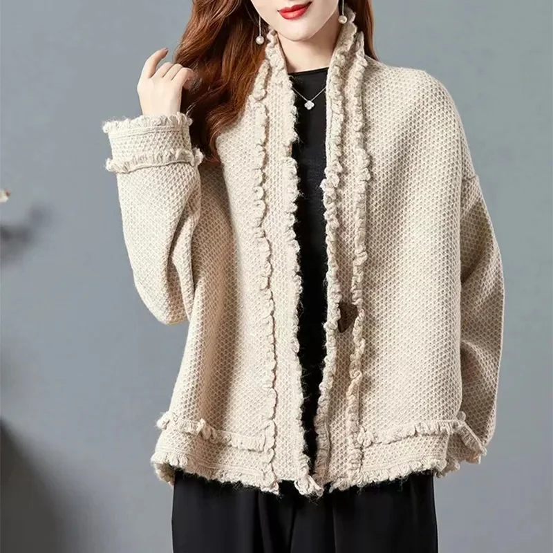 Spring  Autumn New Simple Commuting Loose Fit Slim Wood Ear Edge Cardigan Sweater High Grade Fashion Temperament Casual Top Knit